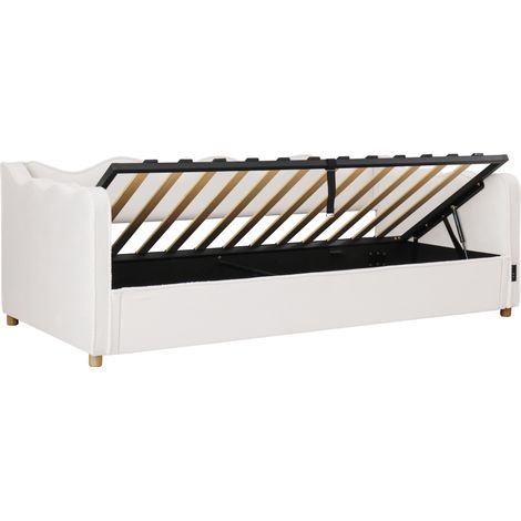 Letto singolo 90x200 cm con contenitore idraulico, testiera imbottita, USB e Type-C, velluto beige, per cameretta, CHICFURN (1/5)