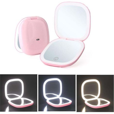 Miroir de maquillage lumineux grossissant x10, à intensité variable, double face, portable, rose (1/5)