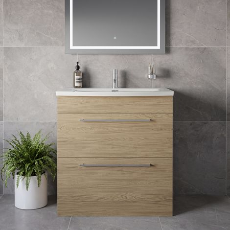 Napoli 390 Light Oak 800mm 2 Drawer Vanity Unit with Arc Basin - 800mm - Chrome 480mm Handle
