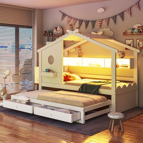 Lit enfant 90/200 cm avec lit gigogne 90/190 cm blanc en bois massif avec tiroirs, rangements et éclairage intégré (1/5)