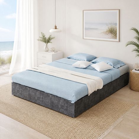DESMIU Lit adulte 140 × 200 cm avec tête de lit, velours hollandais, structure métallique, sans matelas, gris (1/4)