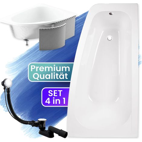 Badewanne Eckbadewanne 150x80 Rechts mit Styroporverkleidung, Ablauf & Füße GRATIS - Komplettset 4in1 Original Acryl Wanne Siphon - BADLAND LUNA (1/5)