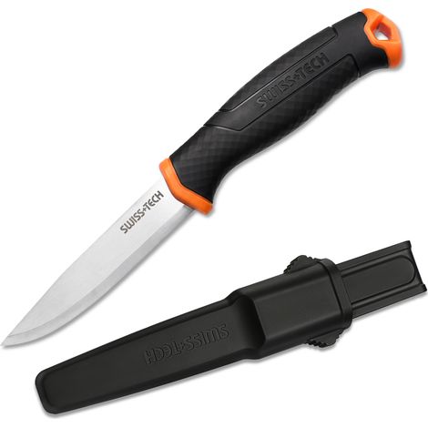 Swiss+Tech Couteau à Lame Fixe en Acier Inoxydable avec Fourreau Finition Naturelle, Poignée PP+TPR Antidérapante, Pour Randonnée, Pêche et Usage Quotidien (1/5)