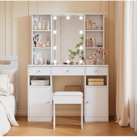 MEUBLIV Coiffeuse 110x40x151 cm blanche – miroir LED réglable, 3 tiroirs, 2 portes (1/5)