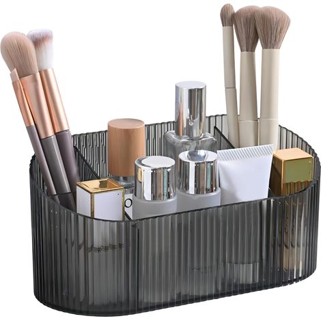 Organisateur Maquillage, Rangement Pinceaux Maquillage avec 5 Compartiments, Pot Pinceau Maquillage en Acrylique, Rangement Cosmétique pour Coiffeuse, Salle de Bain, Chambre (Gris) (1/5)
