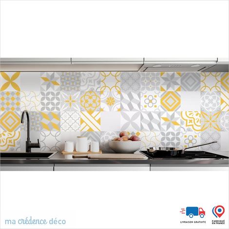 Crédence : Carreaux ciment gris et couleurs - Couleur jaune souffre - Alu composite - 60 - 120 (1/3)