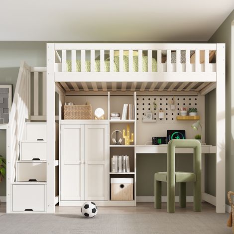Lit mezzanine Combiné 90x200 cm avec Sommier - Lit Enfant Tout-en-Un Blanc avec Bureau, Armoire, Escalier de Rangement et Ports USB/USB-C