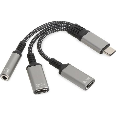 Adaptateur USB C jack 3 en 1 – adaptateur casque USB C avec adaptateur USB C vers jack, audio et charge rapide PD 60W, charger et écouter en même temps pour smartphone, tablette, ordinateur portable (1/5)