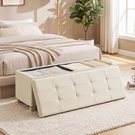 Coffre de Rangement Pliable, Banc d’Appoint avec Pieds, pour Chambre, Salon, Tissu Façon Lin, 110 cm, Beige