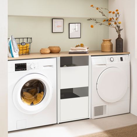 Waschmaschinenschrank mit Wäscheschrank Hauswirtschaftsraum für Waschmaschine und Trockner weiß mit Eiche STOBY-80 (1/5)