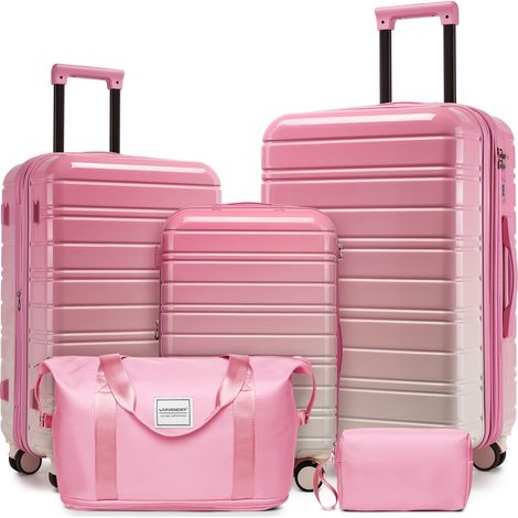 Valise rigide extensible 5 pièces rose pêche, sacs voyage roulettes multidirectionnelles
