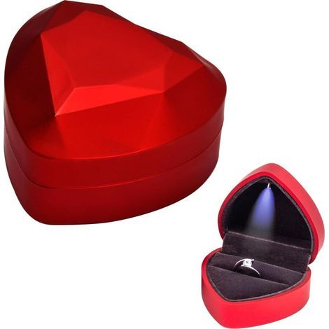 Ringbox aus Samt, Ringbox mit LED-Beleuchtung, herzförmiges Ringkästchen, Schmuckaufbewahrungsbox, Ringgeschenkbox für Hochzeit, Verlobung, Zeremonie, 70x65x45MM (Rot) (1/5)
