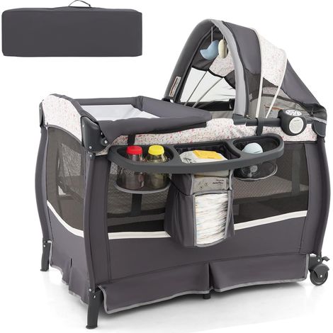 COSTWAY 4 in 1 Lettino da Campeggio con Fasciatoio, Lettino Pieghevole per Bambini con Materasso, Centro Neonati con Culla, Box Musicale, Cappottina Regolabile, Borsa da Viaggio (Fiore Piccolo) (1/5)