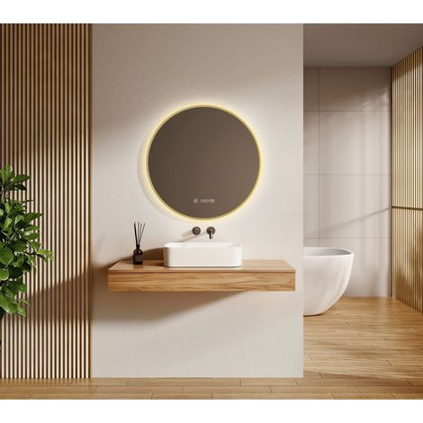 EMKE Badezimmerspiegel 70cm Rund Gold LED Badspiegel mit Antibeschlag Uhr 4300k Touch-Schalter Memory-Funktion