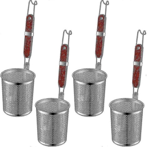 Lot de 4 paniers à pâtes en acier inoxydable avec manche en bois, écumoire araignée de cuisine pour blanchir les raviolis et les nouilles (1/5)