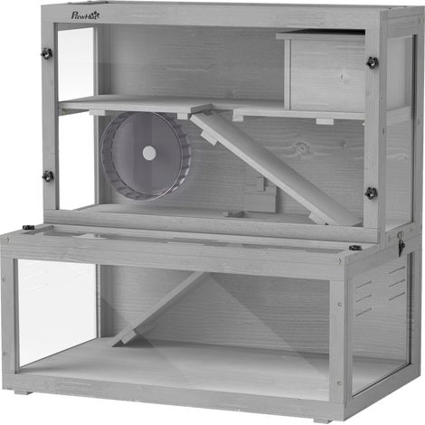 Cage Hamster en Bois, 3 Niveaux avec Cabane, Roue, Rampes, Panneau Transparent, Espaces Séparés, 80x50x84cm, Gris (1/5)