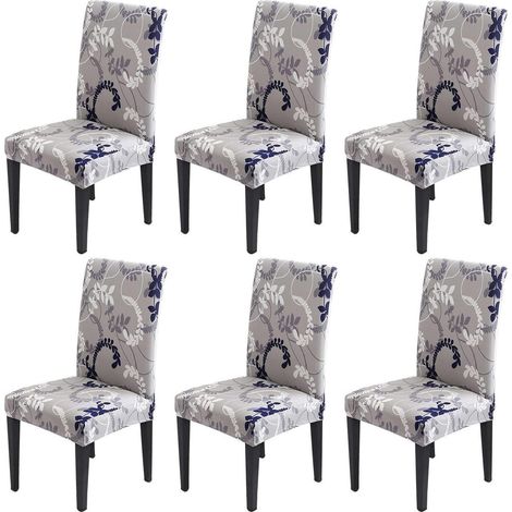 Stuhlhussen 6er Set, Stretch Stuhlbezüge für Esszimmerstühle, Grau Blau Weiß Blattmuster (1/5)