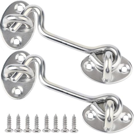 Crochet tempête en acier inoxydable - Crochet de cabine et verrou à œillets - Verrou de placard, serrure à crochet de porte de grange, crochet de porte et à œillets - Argenté - 10,2 cm - 1