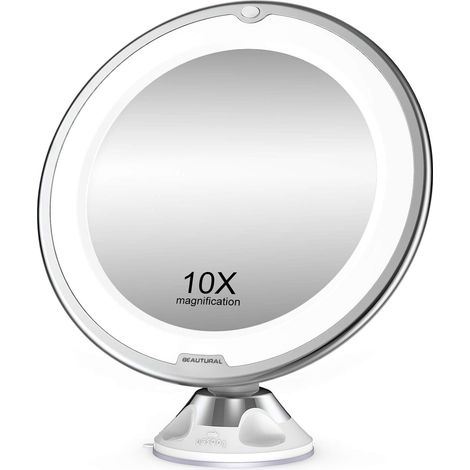 Specchio da trucco ingranditore 10x con luci a LED, regolabile a 360°, portatile per il bagno (1/5)