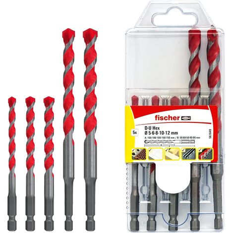 fischer D-U Hex, Set 5 Punte Trapano Universali Esagonali, 5 mm-12 mm, per Muro, Legno, Piastrelle, Plastica, Acciaio, Cemento, 561649 (1/4)