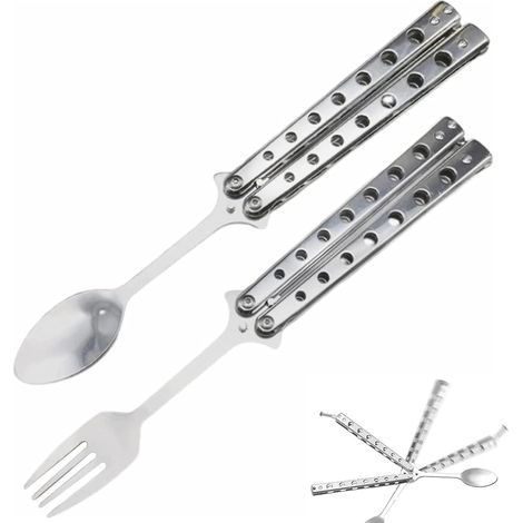Kit Couverts Pliables - 2 Pièces - Acier Inoxydable - Design Papillon - Camping Voyage Barbecue - 23 cm (1/5)