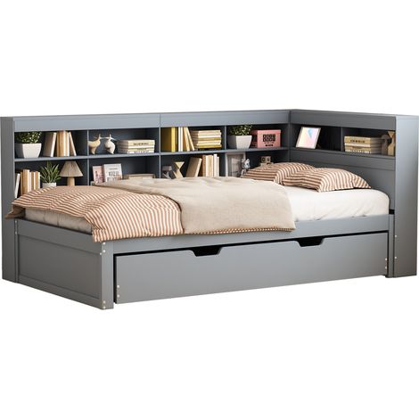 Canapé-lit 90x200 avec lit escamotable 90x190, USB, rangements intégrés et cadre en bois gris, multifonctionnel pour petit espace et invités  CHICFURN (1/5)