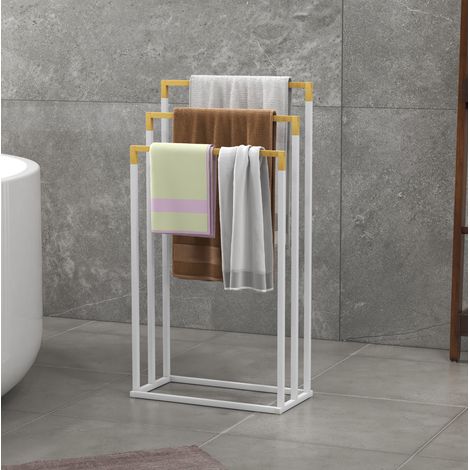 Toallero de pie de 3 barras 45 x 22,5 x 86 cm en acero y bambú blanco OKMYHOME (1/5)