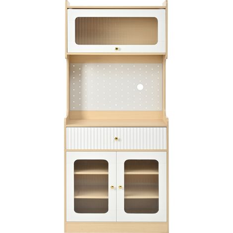 Buffet haut avec étagères réglables et tiroirs, meuble de cuisine avec éclairage LED et verre strié, idéal pour salle à manger, salon et cuisine (naturel) (1/5)