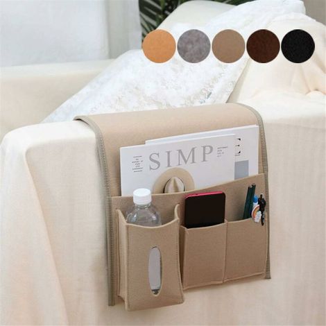 Armchair Armrest Organizer with Hook & Loop Strip Bedside Hanging Bag Bed Pouch Sofa Bed Organizer for Book Phone Glasses Beige (1/5)
