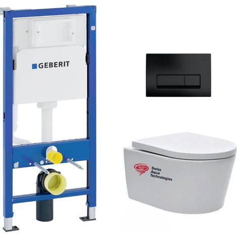 Pack WC Bâti-support Geberit + cuvette Swiss Aqua Technologies suspendue sans bride + plaque noir mat (SATRIMLESSGEB10-SP)