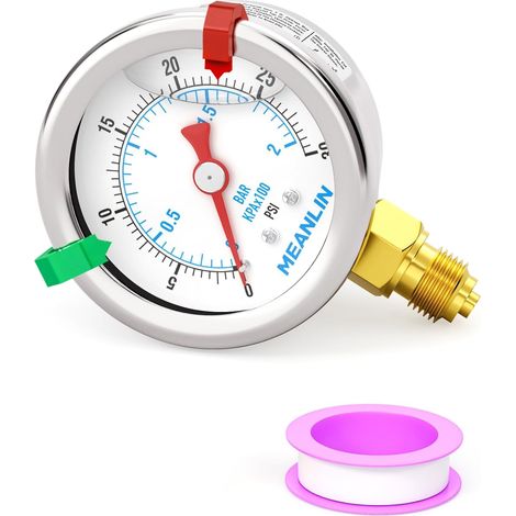 02Bar/030Psi Pressure Gauge 1/8" BSP 1.5" Front Dial, Liquid Filled Stainless Steel Pressure Gauge, WOG Water Oil Air Bottom Mount (with 2 Snap Buttons) (1/5)