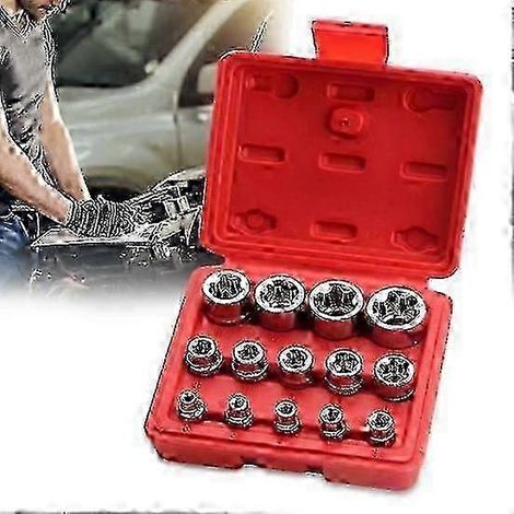 Jeu de 14 douilles robustes et inoxydables de type E, comprenant des douilles hexagonales et Torx, pour une utilisation facile à la maison (tailles 25-26 et 26-27). (1/3)
