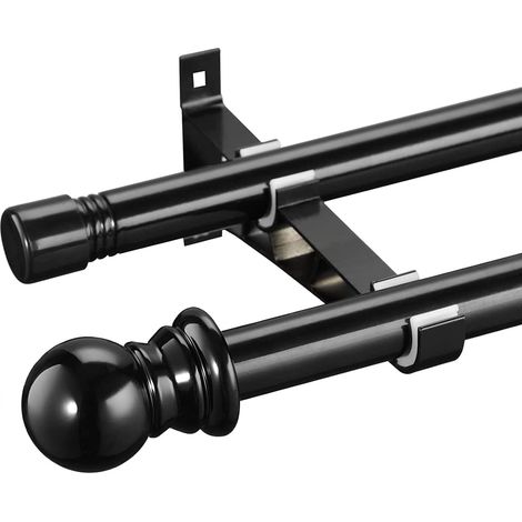 Tringle à rideaux double extensible en métal pour rideaux à œillets, occultants, voilages - Noir - 76-332 cm