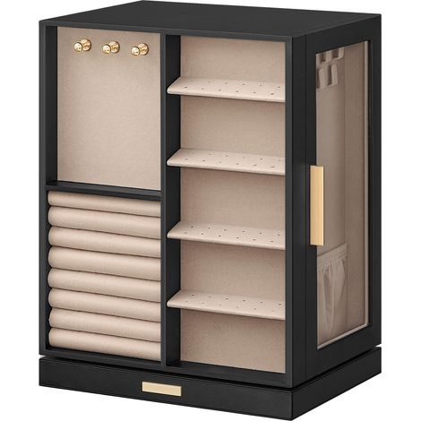 Boîte à Bijoux Rotative à 360°, Coffret de Rangement avec 5 Tiroirs, Fenêtre en Verre, Spacieux, Idée Cadeau, Noir (1/5)