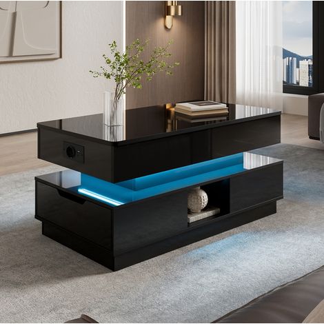 Mesa de centro elevable negra brillante 90x48x42,5 cm, con LED, enchufe, cajones y almacenaje (1/5)