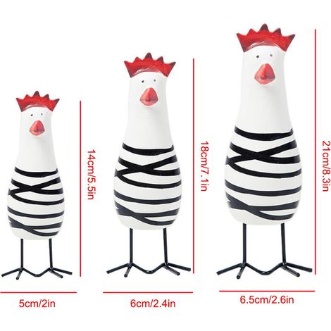 Set de Poulets Sculptés en Bois - Ornements de Poulets Peints à la Main - 3 Figurines en Pin Massif Taille S/M/L (1/4)