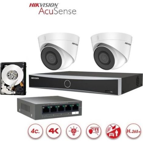 KIT Videosorveglianza IP Hikvision Acusense Nvr 4 canali 4K 2 telecamere dome 2 mpx ir 30mt hdd 1 TB