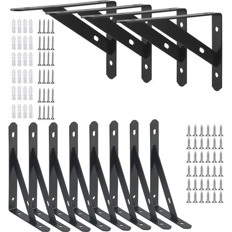 Lot de 12 equerre etagere de fixation murale en métal noir,150 mm, 90°, Avec vis, support etagere murale Pour montage mural et plaque de plâtre, Charge maximale : 30 kg (1/5)