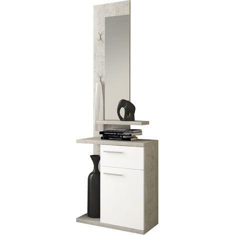 Mobile Da Ingresso Set Con Specchio E Scarpiera a Ribalta Mobile Salvaspazio Con Cassetto e Ripiani Ideale Per Ingresso Corridoio 61 x 28 x 185 Cm Bianco E Grigio Cemento