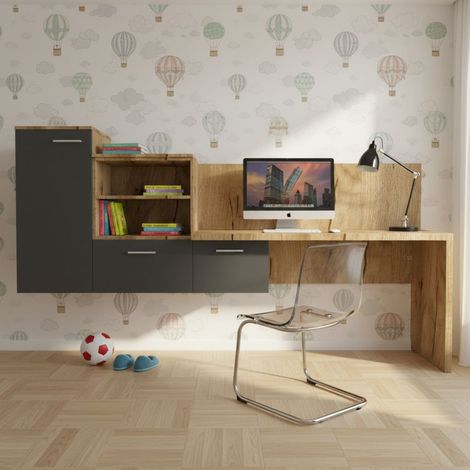 Angolo studio con scrivania parzialmente sospesa e libreria - Design moderno e personalizzabile - Quercia e basalto