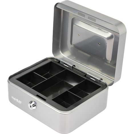 HMF Geldkassette abschließbar, Kasse mit Münzeinsatz, 5 Münzfächer, 20 x 16 x 9 cm, Silber (1/5)