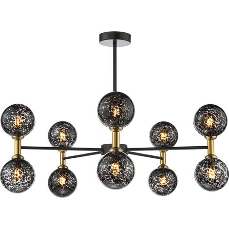 Dar Takara Plafonnier semi-encastré Takara 10 lumières, noir mat et bronze, avec verre à confettis noirs (1/4)