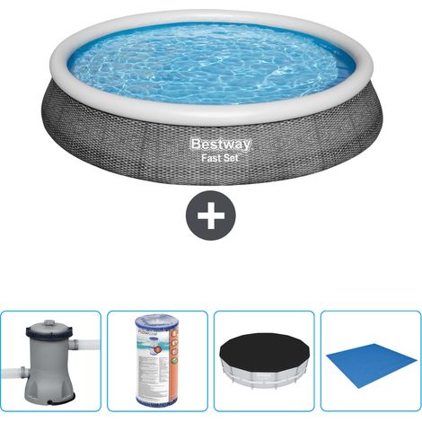 Piscine gonflable ronde Bestway à réglage rapide - Imprimé rotin - 396 x 84 cm - Comprend des Accessoires CB52 (1/4)