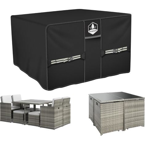 Housse imperméable pour meubles de jardin, 110 x 110 x 74 cm, pour ensemble de table et chaises en rotin d’extérieur, housse de jardin 420D Oxford très résistante avec cube/carré d’aération (1/5)