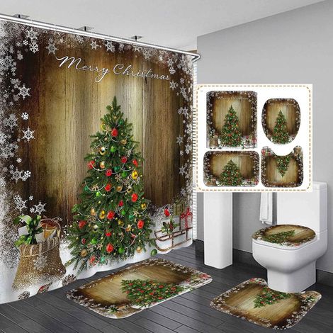 Rideau De Douche - Motif Renne Flocon De Neige - 180 X 180 Cm - Imperméable - Ensemble Complet 4 Pièces - Salle De Bain (1/5)