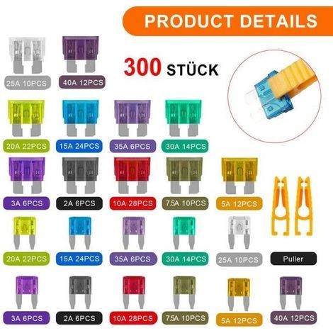300 pièces de fusibles pour véhicules dans un ensemble de 2A à 40A, assortiment de fusibles plats pour voitures de 11+19 mm (1/4)