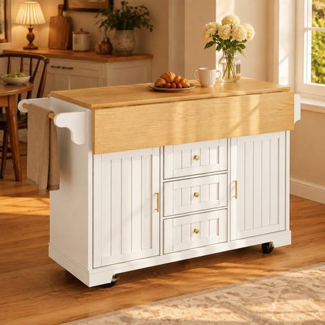 Isla de cocina 120x40x95 cm en MDF y metal blanco, extensible para cocina FloraGrace (1/5)
