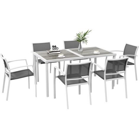 Conjunto de comedor de jardín de 7 piezas con 1 mesa y 6 sillas apilables, estilo moderno para terraza o patio, blanco y gris. (1/5)