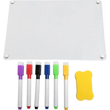 Tableau blanc magnétique en acrylique transparent pour réfrigérateur, avec 6 marqueurs et 1 effaceur. (1/3)