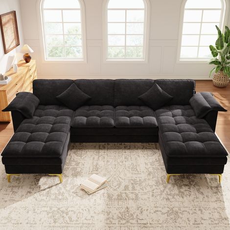 Canapé d'angle U 4-5 places 262x134x86 cm, 2 méridiennes, coussins, structure stable, chenille noir (1/5)